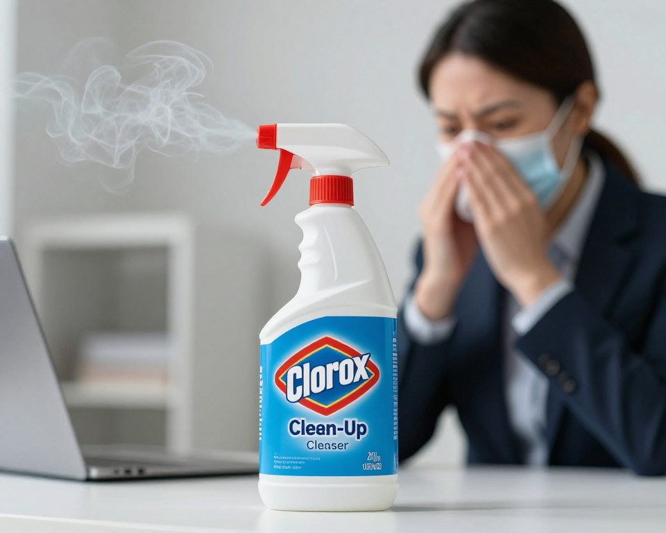 A clear and informative indoor setting depicting a bottle of Clorox Clean-Up Cleaner with Bleach prominently displayed in the foreground. The middle layer features a faint, wispy representation of chemical fumes, visually highlighting the inhalation hazard associated with the cleaner. In the background, there is a blurred image of a person, wearing professional business attire, cautiously observing the cleaner while covering their nose with a mask to emphasize safety precautions. Utilize soft, diffused lighting to create a clinical but slightly tense atmosphere, focusing on the cleaner and the awareness of potential risks. The scene should invoke a sense of caution while remaining professional and informative, showcasing the hazards of inhaling chemical fumes in a well-lit environment. A clear and informative indoor setting depicting a bottle of Clorox Clean-Up Cleaner with Bleach prominently displayed in the foreground. The middle layer features a faint, wispy representation of chemical fumes, visually highlighting the inhalation hazard associated with the cleaner. In the background, there is a blurred image of a person, wearing professional business attire, cautiously observing the cleaner while covering their nose with a mask to emphasize safety precautions. Utilize soft, diffused lighting to create a clinical but slightly tense atmosphere, focusing on the cleaner and the awareness of potential risks. The scene should invoke a sense of caution while remaining professional and informative, showcasing the hazards of inhaling chemical fumes in a well-lit environment.