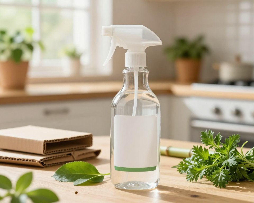 A clear bottle of Seventh Generation disinfectant spray sits prominently in the foreground, its label simplified for aesthetic purposes to emphasize a thoughtful design. The bottle is surrounded by fresh green leaves and vibrant herbs, suggesting a natural and eco-friendly product. In the middle ground, there are soft-focused images of sustainable materials, such as recycled cardboard and bamboo, highlighting the lifecycle aspect of the product. The background features a bright, sunlit kitchen with a cheerful atmosphere, adorned with potted plants and warm colors, conveying a sense of cleanliness and health. The lighting is warm and inviting, mimicking natural daylight filtering through a window. The overall mood is fresh, optimistic, and environmentally conscious. A clear bottle of Seventh Generation disinfectant spray sits prominently in the foreground, its label simplified for aesthetic purposes to emphasize a thoughtful design. The bottle is surrounded by fresh green leaves and vibrant herbs, suggesting a natural and eco-friendly product. In the middle ground, there are soft-focused images of sustainable materials, such as recycled cardboard and bamboo, highlighting the lifecycle aspect of the product. The background features a bright, sunlit kitchen with a cheerful atmosphere, adorned with potted plants and warm colors, conveying a sense of cleanliness and health. The lighting is warm and inviting, mimicking natural daylight filtering through a window. The overall mood is fresh, optimistic, and environmentally conscious.