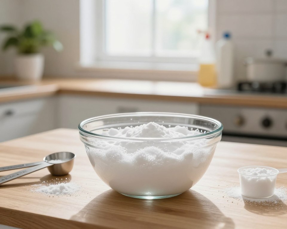 A close-up composition of a sparkling, clear glass bowl filled with bubbling baking soda and vinegar mixture, positioned in the foreground. Surrounding the bowl, scattered measuring spoons and a small cup of baking soda rest on a wooden countertop, presenting a tidy yet engaging workspace. In the middle ground, a brightly lit kitchen with soft, natural sunlight streaming through a window highlights a clean, minimalist aesthetic. The background features subtle kitchen elements such as a potted plant and neatly arranged cleaning supplies, enhancing the atmosphere of cleanliness and safety. The overall mood is fresh and inviting, illustrating the concept of neutralization in a safe, effective household cleaning solution. Use a shallow depth of field to focus sharply on the bowl while softly blurring the background. A close-up composition of a sparkling, clear glass bowl filled with bubbling baking soda and vinegar mixture, positioned in the foreground. Surrounding the bowl, scattered measuring spoons and a small cup of baking soda rest on a wooden countertop, presenting a tidy yet engaging workspace. In the middle ground, a brightly lit kitchen with soft, natural sunlight streaming through a window highlights a clean, minimalist aesthetic. The background features subtle kitchen elements such as a potted plant and neatly arranged cleaning supplies, enhancing the atmosphere of cleanliness and safety. The overall mood is fresh and inviting, illustrating the concept of neutralization in a safe, effective household cleaning solution. Use a shallow depth of field to focus sharply on the bowl while softly blurring the background.