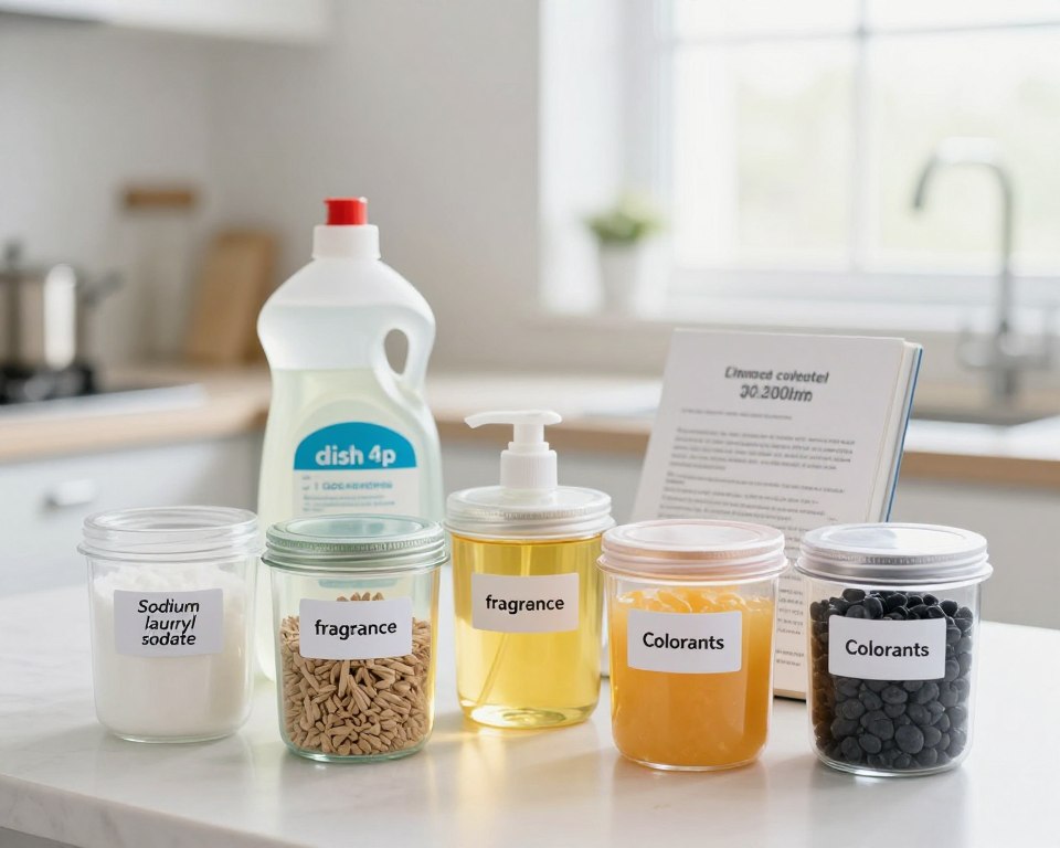 A close-up composition of various dish soap ingredients displayed in a visually organized manner. In the foreground, distinct labels of common ingredients such as sodium lauryl sulfate, fragrance, and colorants are showcased in transparent containers. The middle ground features a counter with a bottle of dish soap, a measuring spoon, and a chemical safety guidebook, subtly emphasizing the importance of ingredient awareness. The background is softly blurred, displaying a bright, well-lit kitchen setting to create an inviting yet informative mood. The lighting is natural, coming from a window, enhancing the clarity of the ingredients. The image should convey a sense of safety and knowledge, capturing the essence of chemical awareness without overwhelming the viewer. A close-up composition of various dish soap ingredients displayed in a visually organized manner. In the foreground, distinct labels of common ingredients such as sodium lauryl sulfate, fragrance, and colorants are showcased in transparent containers. The middle ground features a counter with a bottle of dish soap, a measuring spoon, and a chemical safety guidebook, subtly emphasizing the importance of ingredient awareness. The background is softly blurred, displaying a bright, well-lit kitchen setting to create an inviting yet informative mood. The lighting is natural, coming from a window, enhancing the clarity of the ingredients. The image should convey a sense of safety and knowledge, capturing the essence of chemical awareness without overwhelming the viewer.