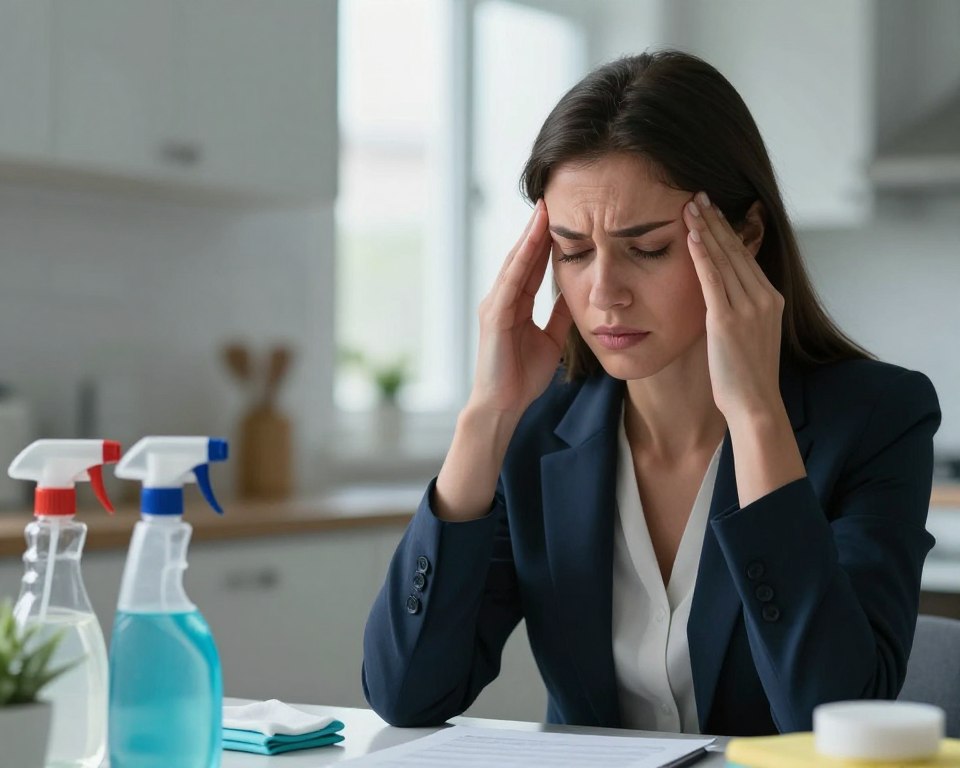 A close-up image depicting a concerned professional woman in modest business attire, sitting at a cluttered desk with common cleaning products visible in the foreground, such as sprays and wipes. Her expression conveys discomfort and fatigue, with one hand pressed against her temple, implying headache symptoms. The middle ground features a softly focused window allowing natural light to flood the room, casting gentle shadows. In the background, there's a faint silhouette of a well-organized kitchen, indicating a clean but potentially overwhelming environment. The overall mood is tense yet contemplative, with a cool color palette reflecting the seriousness of chemical sensitivity. The lighting is soft and diffuse, enhancing the emotional weight of the scene. A close-up image depicting a concerned professional woman in modest business attire, sitting at a cluttered desk with common cleaning products visible in the foreground, such as sprays and wipes. Her expression conveys discomfort and fatigue, with one hand pressed against her temple, implying headache symptoms. The middle ground features a softly focused window allowing natural light to flood the room, casting gentle shadows. In the background, there's a faint silhouette of a well-organized kitchen, indicating a clean but potentially overwhelming environment. The overall mood is tense yet contemplative, with a cool color palette reflecting the seriousness of chemical sensitivity. The lighting is soft and diffuse, enhancing the emotional weight of the scene.