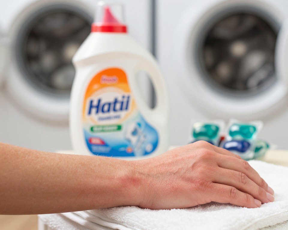 A close-up image depicting a person's arm lightly brushing against a fabric showing subtle signs of irritation from laundry detergent sensitivity. The foreground features the arm, showcasing mild redness alongside healthy skin, emphasizing a contrast between irritation and normalcy. In the middle, a brightly packaged laundry detergent bottle is prominently displayed with vibrant colors, suggesting a household setting. The background includes a soft-focus laundry room, with a washing machine and neatly arranged detergent pods, creating a relatable domestic atmosphere. The lighting is warm and inviting, simulating bright daylight, enhancing the scene's clarity and focus. The mood conveys a blend of concern and education, inviting viewers to reflect on the impact of everyday products on skin health.