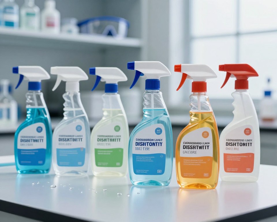A close-up image illustrating the concept of disinfectant compatibility on a surface. In the foreground, various disinfectant spray bottles are displayed, each labeled with distinct chemical compositions and compatibility colors. The middle ground features a clean, reflective surface, showcasing subtle droplets representing effective application. The background consists of a laboratory setting with shelves holding additional cleaning agents and safety goggles, emphasizing a scientific atmosphere. Soft, natural lighting floods the scene, creating a sterile yet inviting ambiance. Capture this from a slightly angled perspective to add depth. The image should evoke professionalism and clarity, conveying the importance of understanding chemical interactions in disinfectant use without any text or visible branding.