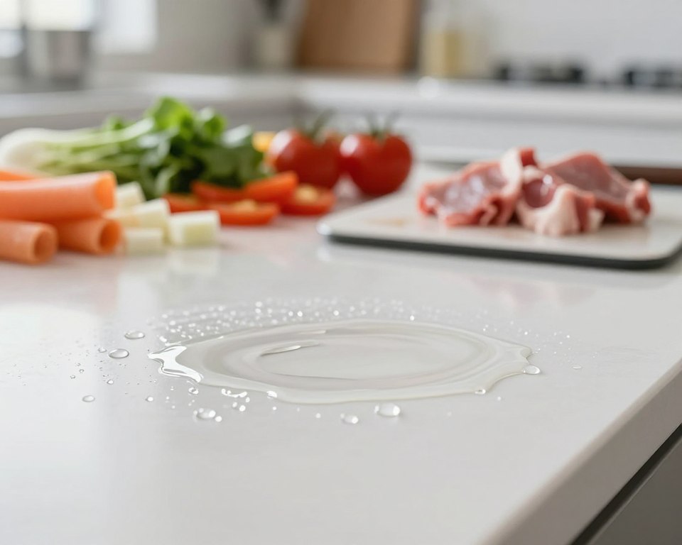 A close-up image of a clean food preparation surface, such as a countertop, showing visible disinfectant residue. The foreground features droplets of residue glistening under soft, natural lighting, evoking an unsettling atmosphere. In the middle ground, various food items like chopped vegetables and raw meat are placed on the surface, hinting at potential contamination. The background is softly blurred, depicting a tidy kitchen environment with kitchen tools and an organized layout, enhancing the focus on the residue. Use a slight overhead angle to emphasize the layers of residue on the surface, combining realism with an educational element, and maintaining a clean, professional aesthetic. No people are present in the image.