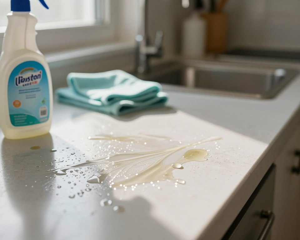 A close-up image of a kitchen countertop showing visible chemical residue and streaks from cleaning products. The foreground features droplets of cleaning agents, glistening in the light, with a focus on a container of disinfectant spray sitting nearby, partially in frame. The middle background includes scattered cleaning cloths and a few sprays, suggesting recent cleaning activity. The background showcases soft-focus kitchen elements, like cabinets and a sink. Natural sunlight streams through a nearby window, casting soft shadows and highlighting the glossy surface of the countertop. The overall mood is one of caution and awareness, emphasizing the potential health risks associated with lingering chemical residue in a domestic environment. The image should be sharp, well-composed, and devoid of any text or watermarks. A close-up image of a kitchen countertop showing visible chemical residue and streaks from cleaning products. The foreground features droplets of cleaning agents, glistening in the light, with a focus on a container of disinfectant spray sitting nearby, partially in frame. The middle background includes scattered cleaning cloths and a few sprays, suggesting recent cleaning activity. The background showcases soft-focus kitchen elements, like cabinets and a sink. Natural sunlight streams through a nearby window, casting soft shadows and highlighting the glossy surface of the countertop. The overall mood is one of caution and awareness, emphasizing the potential health risks associated with lingering chemical residue in a domestic environment. The image should be sharp, well-composed, and devoid of any text or watermarks.