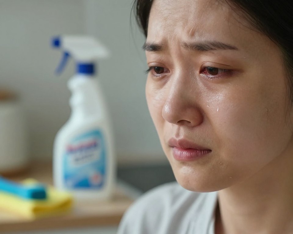A close-up image of a person with a distressed expression, showcasing visible eye irritation due to cleaning product fumes. Focus on the eyes, which are slightly red and watery, emphasizing the discomfort. The foreground captures the person's face, wearing modest casual clothing to maintain professionalism. In the middle ground, include a blurred kitchen setting with a bottle of cleaning spray prominently displayed, along with various cleaning tools to indicate the source of irritation. The background should be softly lit, conveying a sterile yet slightly chaotic atmosphere, indicative of a typical cleaning environment. Use natural lighting that highlights the person's features, with a shallow depth of field to keep the focus on the eyes while maintaining an overall sense of discomfort and urgency. A close-up image of a person with a distressed expression, showcasing visible eye irritation due to cleaning product fumes. Focus on the eyes, which are slightly red and watery, emphasizing the discomfort. The foreground captures the person's face, wearing modest casual clothing to maintain professionalism. In the middle ground, include a blurred kitchen setting with a bottle of cleaning spray prominently displayed, along with various cleaning tools to indicate the source of irritation. The background should be softly lit, conveying a sterile yet slightly chaotic atmosphere, indicative of a typical cleaning environment. Use natural lighting that highlights the person's features, with a shallow depth of field to keep the focus on the eyes while maintaining an overall sense of discomfort and urgency.