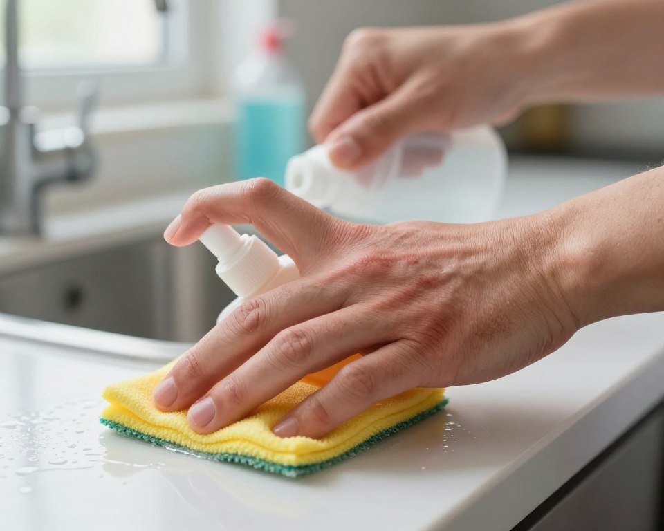 A close-up image of a person's hand applying a brightly colored cleaning product to a surface, showcasing the texture of the skin and a subtle hint of irritation, like redness or small bumps, representing a skin rash. In the foreground, the hand is slightly tilted, demonstrating the action of cleaning, with the cleaning product bottle visible but slightly blurred. The middle ground includes a clean, well-lit surface glistening from the cleaning solution. The background is soft-focused with kitchen elements, like a sink and dish soap, conveying a domestic atmosphere. Natural light streams in from a window, highlighting the skin's texture and evoking a sense of caution about cleaning products. The overall mood is informative and concerned, suited for an article discussing skin reactions to these products. A close-up image of a person's hand applying a brightly colored cleaning product to a surface, showcasing the texture of the skin and a subtle hint of irritation, like redness or small bumps, representing a skin rash. In the foreground, the hand is slightly tilted, demonstrating the action of cleaning, with the cleaning product bottle visible but slightly blurred. The middle ground includes a clean, well-lit surface glistening from the cleaning solution. The background is soft-focused with kitchen elements, like a sink and dish soap, conveying a domestic atmosphere. Natural light streams in from a window, highlighting the skin's texture and evoking a sense of caution about cleaning products. The overall mood is informative and concerned, suited for an article discussing skin reactions to these products.