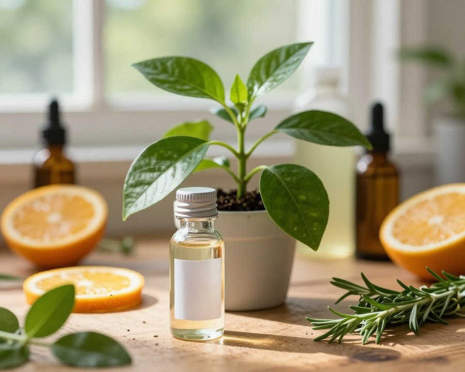 A close-up image of a vibrant green plant with lush leaves, surrounded by various ingredients typically found in plant-based cleaners, such as citrus slices, herbs, and essential oils. In the foreground, a small glass bottle with a minimalist design, labeled as a plant-based formula, catches the light, showcasing its natural cleanliness. The middle ground features a wooden surface, slightly textured, adding warmth to the scene. In the background, soft natural light filters through a window, casting gentle shadows and creating an inviting atmosphere. The colors should be fresh and organic, emphasizing a sense of sustainability and purity. The composition should evoke a sense of calm and safety, reflecting the theme of plant-derived ingredients. A close-up image of a vibrant green plant with lush leaves, surrounded by various ingredients typically found in plant-based cleaners, such as citrus slices, herbs, and essential oils. In the foreground, a small glass bottle with a minimalist design, labeled as a plant-based formula, catches the light, showcasing its natural cleanliness. The middle ground features a wooden surface, slightly textured, adding warmth to the scene. In the background, soft natural light filters through a window, casting gentle shadows and creating an inviting atmosphere. The colors should be fresh and organic, emphasizing a sense of sustainability and purity. The composition should evoke a sense of calm and safety, reflecting the theme of plant-derived ingredients.
