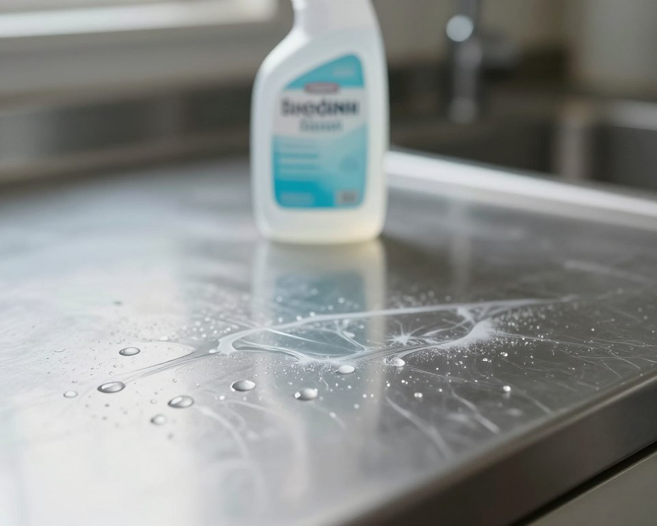 A close-up image showcasing disinfectant residue on a stainless steel countertop, with droplets glistening under soft, diffused natural light. In the foreground, the surface is detailed, exhibiting streaks and a slight sheen, symbolizing the chemical's presence. The middle ground features a bottle of disinfectant spray slightly blurred, hinting at use while maintaining focus on the residue. The background is an out-of-focus kitchen setting, subtly emphasizing cleanliness and hygiene. The atmosphere conveys concern and caution, reflecting the potential risks of leaving disinfectants on surfaces. The overall composition captures a sterile yet realistic environment, illustrating the importance of proper cleaning methods without any text or distractions. A close-up image showcasing disinfectant residue on a stainless steel countertop, with droplets glistening under soft, diffused natural light. In the foreground, the surface is detailed, exhibiting streaks and a slight sheen, symbolizing the chemical's presence. The middle ground features a bottle of disinfectant spray slightly blurred, hinting at use while maintaining focus on the residue. The background is an out-of-focus kitchen setting, subtly emphasizing cleanliness and hygiene. The atmosphere conveys concern and caution, reflecting the potential risks of leaving disinfectants on surfaces. The overall composition captures a sterile yet realistic environment, illustrating the importance of proper cleaning methods without any text or distractions.