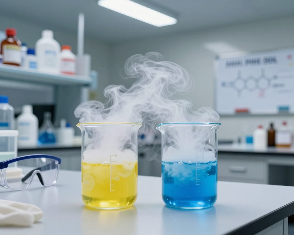A close-up laboratory scene depicting a dramatic chemical reaction between bleach and Pine-Sol. In the foreground, two clear glass beakers are visibly filled with yellow Pine-Sol and blue bleach, creating a swirling cloud of bubbling white gas that rises ominously. The middle section features a sterile laboratory countertop with safety equipment like goggles, gloves, and a fume hood in partial view. The background is softly blurred, showcasing shelves filled with various chemical bottles and a whiteboard with chemical warnings. Bright, harsh fluorescent lighting illuminates the scene, highlighting the reaction's dangers. The mood is tense and cautionary, emphasizing the potential risks of mixing these household chemicals.