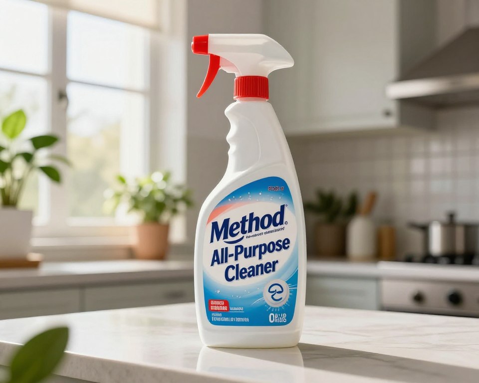A close-up of a Method All-Purpose Cleaner bottle prominently displayed in the foreground, showcasing its sleek design and colorful label. The bottle is set on a clean kitchen countertop, surrounded by natural elements like green houseplants and a window letting in warm, soft daylight, adding a feeling of freshness and approachability. In the background, glimpse a tidy kitchen space with modern appliances and minimalist decor, symbolizing a commitment to an eco-friendly lifestyle. The scene conveys a vibrant mood, emphasizing cleanliness and a responsible approach to cleaning products. The lens captures the bottle from a slight low angle, allowing it to dominate the composition while remaining inviting and trustworthy. A close-up of a Method All-Purpose Cleaner bottle prominently displayed in the foreground, showcasing its sleek design and colorful label. The bottle is set on a clean kitchen countertop, surrounded by natural elements like green houseplants and a window letting in warm, soft daylight, adding a feeling of freshness and approachability. In the background, glimpse a tidy kitchen space with modern appliances and minimalist decor, symbolizing a commitment to an eco-friendly lifestyle. The scene conveys a vibrant mood, emphasizing cleanliness and a responsible approach to cleaning products. The lens captures the bottle from a slight low angle, allowing it to dominate the composition while remaining inviting and trustworthy.