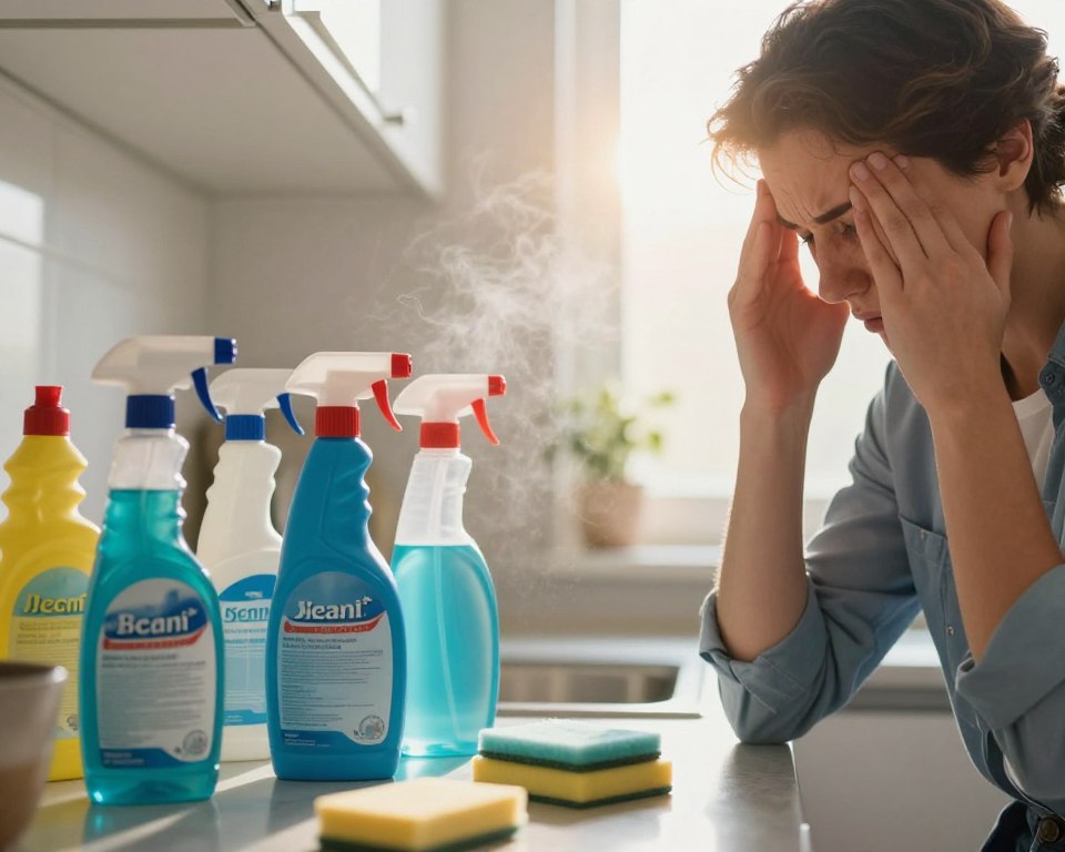 A close-up of a cluttered kitchen countertop showcasing various colorful cleaning products, such as sprays and bottles, some with visible warning labels. In the foreground, a person in professional casual attire rubs their temples in distress, depicting the headache caused by the strong scents emitted from the cleaning products. The middle ground features a faint haze, suggesting the presence of chemicals in the air. In the background, sunlight streams in through a window, casting a warm glow that contrasts with the cool tones of the cleaning products. The atmosphere feels tense yet relatable, representing the common plight of managing household chores while dealing with potential headaches. The angle captures both the individual’s expression and the cleaning products in focus, emphasizing the connection between them. A close-up of a cluttered kitchen countertop showcasing various colorful cleaning products, such as sprays and bottles, some with visible warning labels. In the foreground, a person in professional casual attire rubs their temples in distress, depicting the headache caused by the strong scents emitted from the cleaning products. The middle ground features a faint haze, suggesting the presence of chemicals in the air. In the background, sunlight streams in through a window, casting a warm glow that contrasts with the cool tones of the cleaning products. The atmosphere feels tense yet relatable, representing the common plight of managing household chores while dealing with potential headaches. The angle captures both the individual’s expression and the cleaning products in focus, emphasizing the connection between them.