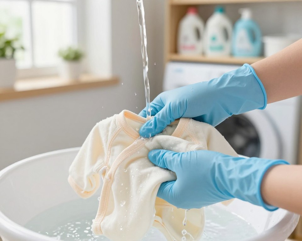 A close-up of a delicate baby's outfit, such as a soft cotton onesie, being gently rinsed under a stream of clear water to illustrate the removal of detergent residue. The foreground captures the smooth texture of the fabric, glistening with water droplets, while the middle layer shows a focused view of a caring adult’s hands, clad in light blue latex gloves, carefully washing the clothing. In the background, a serene laundry room is softly lit with natural light pouring in through a window, highlighting clean, organized shelves stocked with eco-friendly detergents. The mood is calm and nurturing, emphasizing the importance of ensuring baby clothes are free from residues that could cause skin irritation. The angle is slightly tilted downward to create a sense of intimacy and attention to detail.
