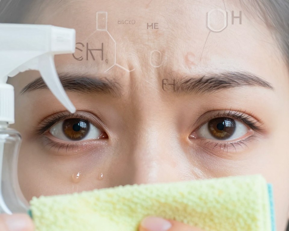 A close-up of a pair of eyes, displaying a look of discomfort and irritation, surrounded by the chemical symbols of common cleaning product ingredients in an abstract, colorful haze. In the foreground, emphasize the glistening tear ducts as if tears are about to spill, symbolizing irritation. In the middle, show a blurred spray bottle and a cleaning cloth, subtly hinting at the source of the irritation without direct representation. The background fades into a bright, slightly hazy atmosphere, suggesting a well-lit kitchen space, conveying a sense of both cleanliness and danger. Soft, natural lighting enhances the emotional tone, evoking a mood of caution and awareness. The overall composition should remain professional and suitable for an informative article on health and safety. A close-up of a pair of eyes, displaying a look of discomfort and irritation, surrounded by the chemical symbols of common cleaning product ingredients in an abstract, colorful haze. In the foreground, emphasize the glistening tear ducts as if tears are about to spill, symbolizing irritation. In the middle, show a blurred spray bottle and a cleaning cloth, subtly hinting at the source of the irritation without direct representation. The background fades into a bright, slightly hazy atmosphere, suggesting a well-lit kitchen space, conveying a sense of both cleanliness and danger. Soft, natural lighting enhances the emotional tone, evoking a mood of caution and awareness. The overall composition should remain professional and suitable for an informative article on health and safety.