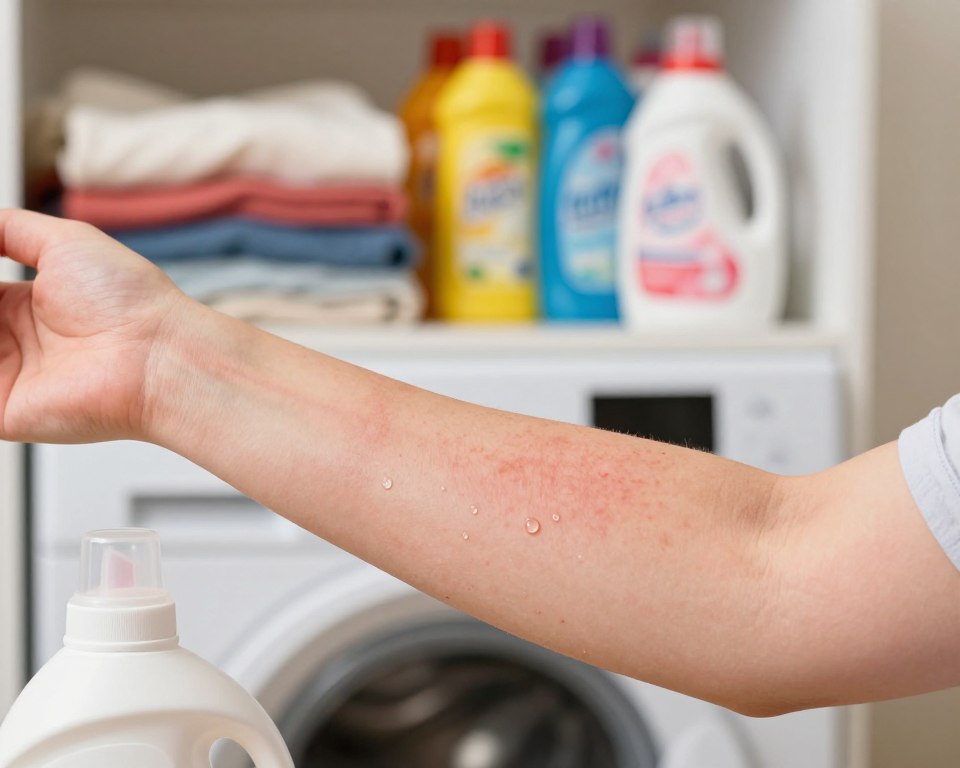 A close-up of a person's arm displaying a mild allergic reaction to laundry detergent, showcasing red, itchy rashes on the skin. The foreground features the arm in focus, with small droplets of a liquid laundry detergent bottle nearby, hinting at the cause of irritation. In the middle background, a neatly organized laundry room with freshly folded clothes and a vibrant array of detergent bottles can be seen, creating a domestic atmosphere. Warm, diffused lighting enhances the details of the skin texture and the colors of the surroundings. The mood is informative and clinical, capturing the essence of a practical understanding of laundry detergent allergies, while maintaining a calm and safe environment. A close-up of a person's arm displaying a mild allergic reaction to laundry detergent, showcasing red, itchy rashes on the skin. The foreground features the arm in focus, with small droplets of a liquid laundry detergent bottle nearby, hinting at the cause of irritation. In the middle background, a neatly organized laundry room with freshly folded clothes and a vibrant array of detergent bottles can be seen, creating a domestic atmosphere. Warm, diffused lighting enhances the details of the skin texture and the colors of the surroundings. The mood is informative and clinical, capturing the essence of a practical understanding of laundry detergent allergies, while maintaining a calm and safe environment.