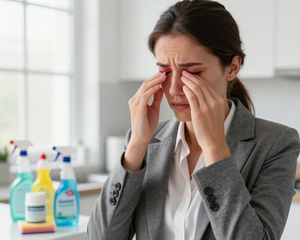 A close-up of a woman in a professional business outfit, standing in a brightly lit kitchen, displaying a distressed expression while rubbing her eyes due to irritation from household cleaners. In the foreground, focus on her eyes, showing redness and discomfort. In the middle, a selection of common cleaning products like sprays and wipes is visible on the kitchen counter, hinting at their harsh chemicals. The background features a clean, modern kitchen with bright, natural light pouring in through the window, creating a stark contrast against the woman's pained expression. The overall mood conveys a sense of urgency and concern, capturing the chemistry-related risks associated with household cleaning products. The image should be clear, with a shallow depth of field emphasizing the woman and her eye irritation. A close-up of a woman in a professional business outfit, standing in a brightly lit kitchen, displaying a distressed expression while rubbing her eyes due to irritation from household cleaners. In the foreground, focus on her eyes, showing redness and discomfort. In the middle, a selection of common cleaning products like sprays and wipes is visible on the kitchen counter, hinting at their harsh chemicals. The background features a clean, modern kitchen with bright, natural light pouring in through the window, creating a stark contrast against the woman's pained expression. The overall mood conveys a sense of urgency and concern, capturing the chemistry-related risks associated with household cleaning products. The image should be clear, with a shallow depth of field emphasizing the woman and her eye irritation.