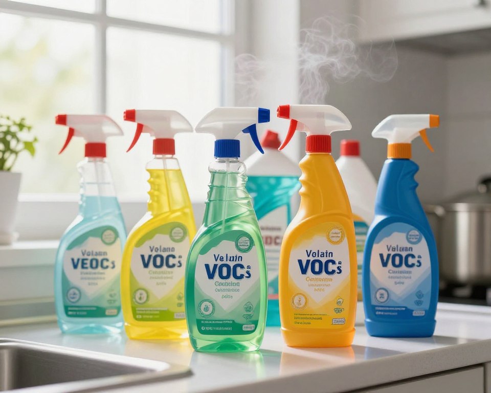A close-up of various cleaning products displayed on a clean kitchen counter, highlighting their colorful labels that suggest they contain volatile organic compounds. In the foreground, a spray bottle with a bright label emits a faint mist, illustrating the release of VOCs into the air. The middle ground features a variety of cleaning agents such as all-purpose cleaners, disinfectants, and air fresheners, each with an eye-catching design. In the background, a window is slightly open, allowing fresh air to circulate, with soft daylight streaming in, creating a bright and warm atmosphere. The scene should evoke a sense of awareness about indoor air quality while remaining visually engaging, with a focus on cleanliness and safety. A close-up of various cleaning products displayed on a clean kitchen counter, highlighting their colorful labels that suggest they contain volatile organic compounds. In the foreground, a spray bottle with a bright label emits a faint mist, illustrating the release of VOCs into the air. The middle ground features a variety of cleaning agents such as all-purpose cleaners, disinfectants, and air fresheners, each with an eye-catching design. In the background, a window is slightly open, allowing fresh air to circulate, with soft daylight streaming in, creating a bright and warm atmosphere. The scene should evoke a sense of awareness about indoor air quality while remaining visually engaging, with a focus on cleanliness and safety.