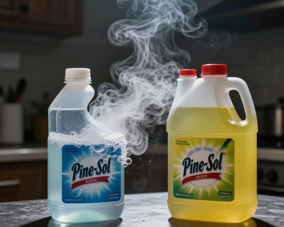 A close-up scene depicting a dangerous chemical reaction between bleach and Pine-Sol. In the foreground, there are two containers: one filled with clear bleach and the other with yellow Pine-Sol, both topped with labels indicating their contents. As the liquids begin to mix, visual effects show bubbling and a vibrant cloud of toxic gases rising, with a faint warning symbol in the background. The midground features a blurred kitchen setting, indicative of a domestic space. Dramatic, overhead lighting casts sharp shadows, enhancing the tension of the scene. The atmosphere is ominous, with a slightly dark color palette to emphasize the danger of the chemical reaction. The image should be framed tightly to focus on the reaction, capturing the volatility of the moment without any text or distractions. A close-up scene depicting a dangerous chemical reaction between bleach and Pine-Sol. In the foreground, there are two containers: one filled with clear bleach and the other with yellow Pine-Sol, both topped with labels indicating their contents. As the liquids begin to mix, visual effects show bubbling and a vibrant cloud of toxic gases rising, with a faint warning symbol in the background. The midground features a blurred kitchen setting, indicative of a domestic space. Dramatic, overhead lighting casts sharp shadows, enhancing the tension of the scene. The atmosphere is ominous, with a slightly dark color palette to emphasize the danger of the chemical reaction. The image should be framed tightly to focus on the reaction, capturing the volatility of the moment without any text or distractions.