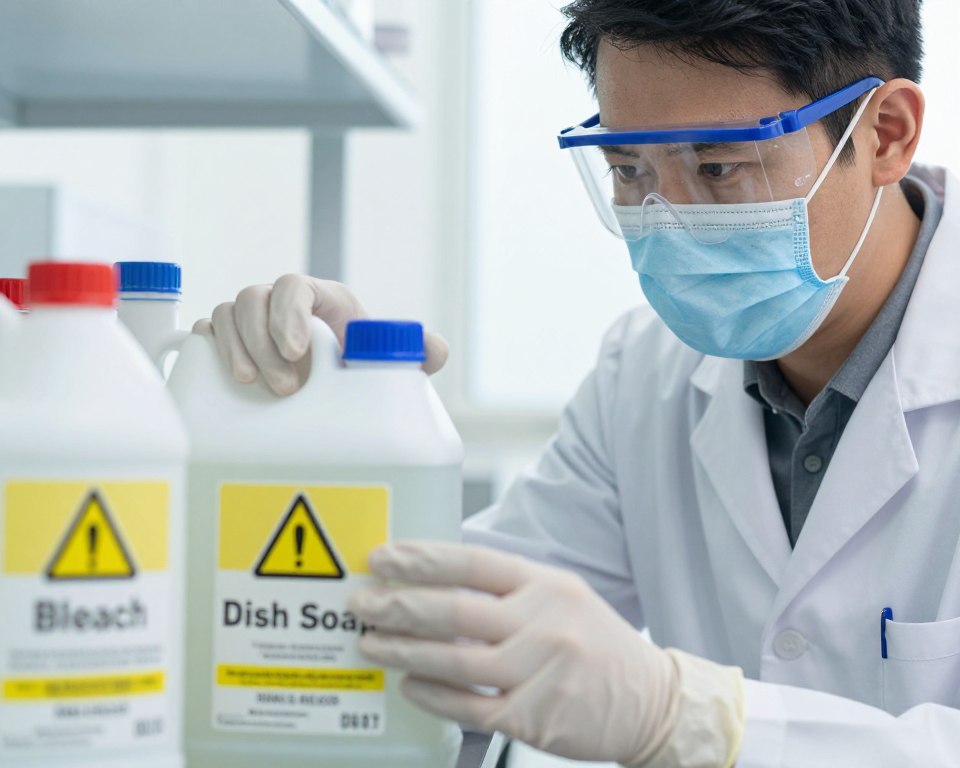 A close-up scene depicting a person in professional attire, wearing protective gloves and a safety mask, examining a pair of chemical containers with warning labels. In the foreground, focus on the individual's attentive expression, highlighting their concern for safety. In the middle, display the chemical containers, one labeled 'Bleach' and the other 'Dish Soap', with warning symbols. The background should feature a brightly lit setting, such as a kitchen or laboratory, with a clean, organized appearance emphasizing safety protocols. The atmosphere should convey a sense of caution and awareness, with a slight blur to enhance the focus on the individual and the chemicals. Use soft, natural lighting to create a serious yet informative mood. A close-up scene depicting a person in professional attire, wearing protective gloves and a safety mask, examining a pair of chemical containers with warning labels. In the foreground, focus on the individual's attentive expression, highlighting their concern for safety. In the middle, display the chemical containers, one labeled 'Bleach' and the other 'Dish Soap', with warning symbols. The background should feature a brightly lit setting, such as a kitchen or laboratory, with a clean, organized appearance emphasizing safety protocols. The atmosphere should convey a sense of caution and awareness, with a slight blur to enhance the focus on the individual and the chemicals. Use soft, natural lighting to create a serious yet informative mood.