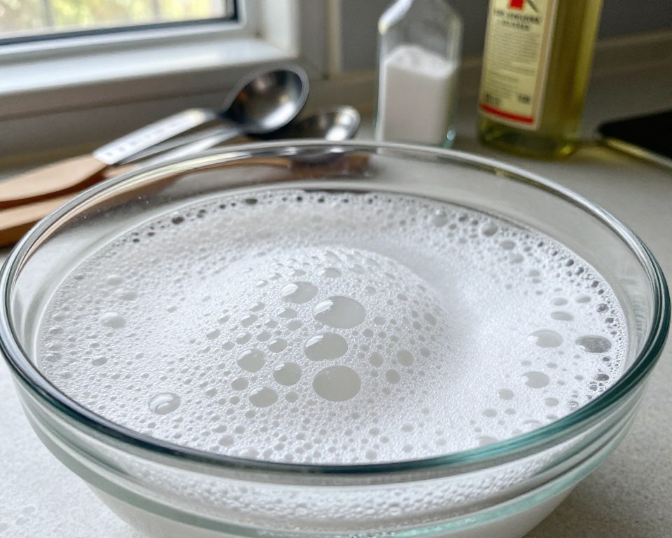 A close-up scene featuring a glass bowl filled with a bubbling mixture of baking soda and vinegar, showcasing the effervescent reaction. In the foreground, emphasize the foamy, frothy texture and vibrant white bubbles against the clear glass. The middle ground should include neatly arranged kitchen utensils like measuring spoons and a wooden spoon, hinting at a culinary setting. The background should softly blur with elements like a countertop, a small bottle of baking soda, and a bottle of vinegar, enhancing the kitchen atmosphere. Use natural light streaming in from a nearby window to create a bright and inviting mood. Capture the image from a slightly higher angle to focus on the reaction while providing depth to the surrounding kitchen elements.
