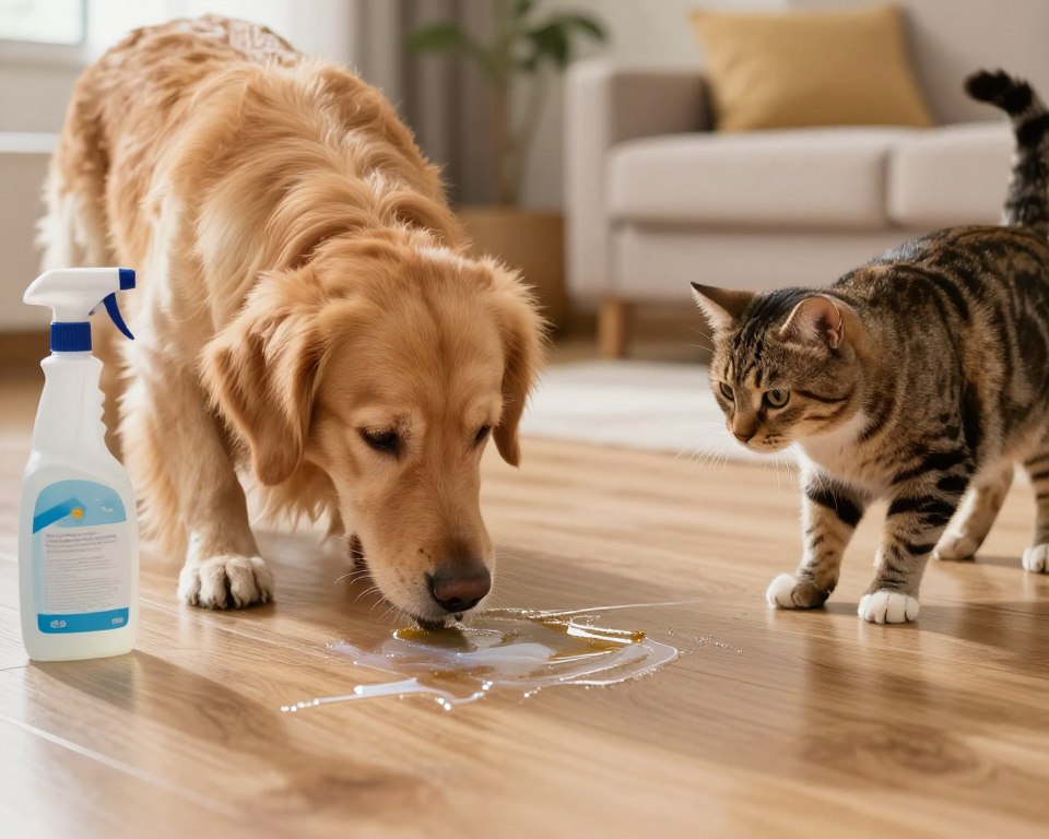 A close-up scene focusing on a pristine floor with subtle residues from various cleaning products, featuring a curious dog and cat. The dog, a golden retriever, sniffs the floor, while the cat, a tabby, inspects the area with cautious curiosity. The foreground captures the pets’ expressions, highlighting their interaction with the residues, creating a sense of intrigue. The middle ground shows faint streaks of cleaning product residues glimmering in soft, natural light, emphasizing their presence. The background includes a cozy living room with warm, inviting colors, conveying a homey atmosphere. Use warm, diffused lighting to create a balanced, peaceful mood while depicting the potential concern for pet health. The angle should be slightly above floor level to capture both pets and the floor space effectively. A close-up scene focusing on a pristine floor with subtle residues from various cleaning products, featuring a curious dog and cat. The dog, a golden retriever, sniffs the floor, while the cat, a tabby, inspects the area with cautious curiosity. The foreground captures the pets’ expressions, highlighting their interaction with the residues, creating a sense of intrigue. The middle ground shows faint streaks of cleaning product residues glimmering in soft, natural light, emphasizing their presence. The background includes a cozy living room with warm, inviting colors, conveying a homey atmosphere. Use warm, diffused lighting to create a balanced, peaceful mood while depicting the potential concern for pet health. The angle should be slightly above floor level to capture both pets and the floor space effectively.
