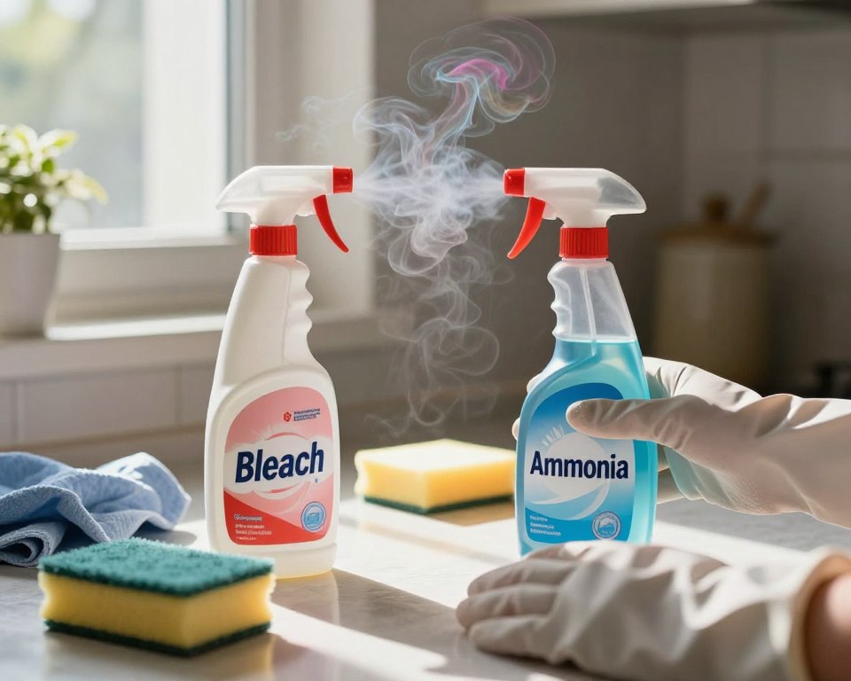 A close-up scene in a brightly lit kitchen with a focus on two bottles of household cleaners, one labeled "Bleach" and the other "Ammonia." There are swirling, colorful fumes rising from where the caps are slightly ajar, illustrating the hazardous reaction. In the foreground, a pair of gloved hands is hesitantly reaching toward the bottles, showcasing concern. In the middle ground, kitchen items like sponges and cloths are displaced, hinting at chaos. The background features a window with sunlight pouring in, casting dramatic shadows that enhance the tension of the moment. The overall mood reflects a sense of urgency and danger, encouraging viewers to consider the risks of mixing these substances.