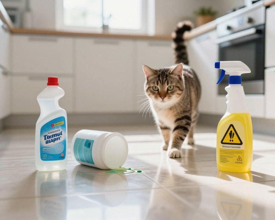 A close-up scene of a freshly cleaned floor in a bright, modern kitchen, showcasing common household cleaning ingredients that are toxic to cats. In the foreground, a gleaming tile floor reflects a few spilled hazardous substances like an open bottle of bleach, a half-empty container of ammonia, and a brightly labeled spray cleaner, all with warning symbols visible. In the middle ground, a curious cat cautiously approaches the floor, its expression curious yet cautious. The background features soft, natural light streaming in through a window, casting gentle shadows that emphasize the danger on the floor. The overall atmosphere is tense yet informative, highlighting the potential risks to feline companions in a clean household. A close-up scene of a freshly cleaned floor in a bright, modern kitchen, showcasing common household cleaning ingredients that are toxic to cats. In the foreground, a gleaming tile floor reflects a few spilled hazardous substances like an open bottle of bleach, a half-empty container of ammonia, and a brightly labeled spray cleaner, all with warning symbols visible. In the middle ground, a curious cat cautiously approaches the floor, its expression curious yet cautious. The background features soft, natural light streaming in through a window, casting gentle shadows that emphasize the danger on the floor. The overall atmosphere is tense yet informative, highlighting the potential risks to feline companions in a clean household.