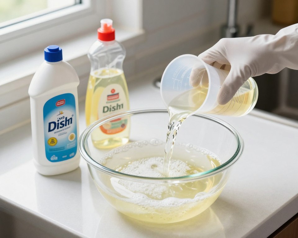 A close-up scene of a kitchen countertop with two containers: a bottle of bleach and a bottle of dish soap. In the foreground, a gloved hand holding a measuring cup pours the dish soap into a clear mixing bowl. The mixture inside the bowl bubbles slightly, reflecting light, creating a contrast of bright white and soft yellow. The countertop is neatly organized with cleaning supplies and a soft towel in the background, with natural light streaming in through a nearby window, illuminating the scene. Attention to detail includes visible labels on the bottles and subtle reflections on the countertop. The atmosphere conveys a sense of caution and curiosity about the mixing process, keeping the overall image bright and inviting while highlighting the subject matter. A close-up scene of a kitchen countertop with two containers: a bottle of bleach and a bottle of dish soap. In the foreground, a gloved hand holding a measuring cup pours the dish soap into a clear mixing bowl. The mixture inside the bowl bubbles slightly, reflecting light, creating a contrast of bright white and soft yellow. The countertop is neatly organized with cleaning supplies and a soft towel in the background, with natural light streaming in through a nearby window, illuminating the scene. Attention to detail includes visible labels on the bottles and subtle reflections on the countertop. The atmosphere conveys a sense of caution and curiosity about the mixing process, keeping the overall image bright and inviting while highlighting the subject matter.