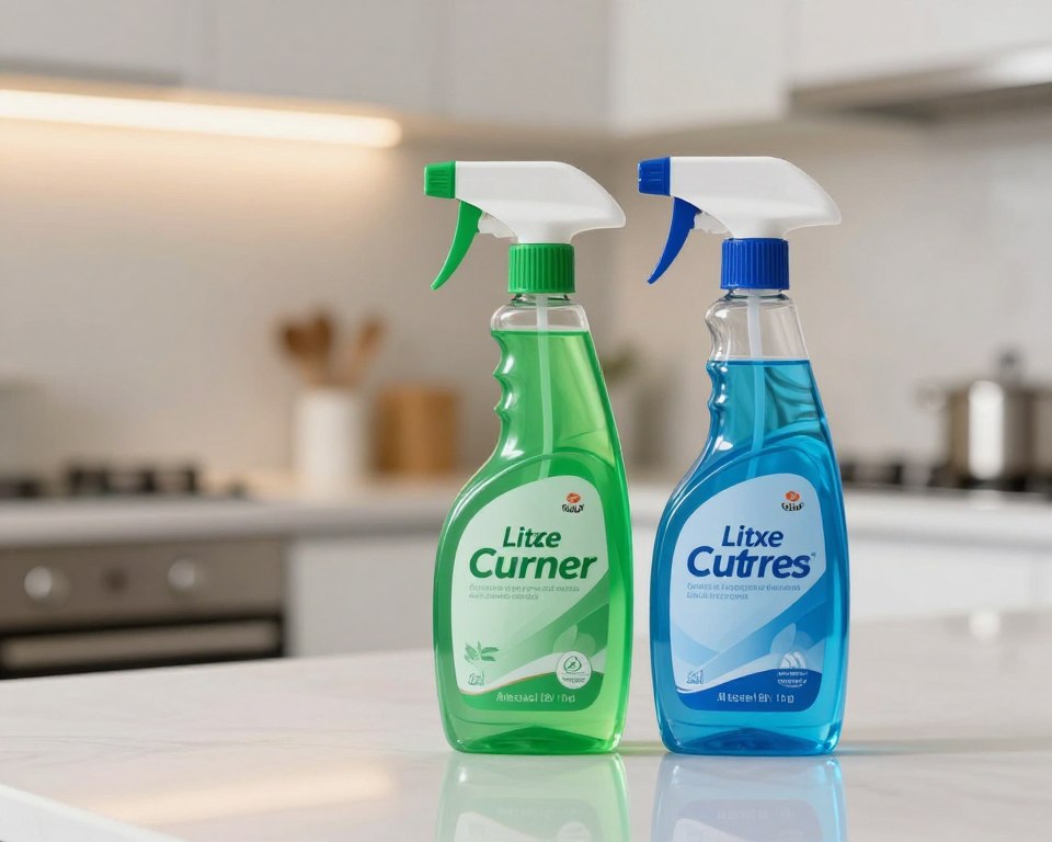 A close-up scene showcasing two different disinfectant sprays next to each other on a clean countertop, emphasizing their distinct labels and colors. In the foreground, one spray bottle is bright green with a spray nozzle, and the other is a cool blue, both reflecting a sense of cleanliness and sanitation. In the middle, a shiny surface reveals the reflection of the bottles, hinting at their recent use. The background is softly blurred, featuring a well-lit, modern kitchen setting with soft, warm lighting that conveys a safe and hygienic atmosphere. The image captures a moment of contemplation, inviting the viewer to think about the compatibility of these products on the same surface.