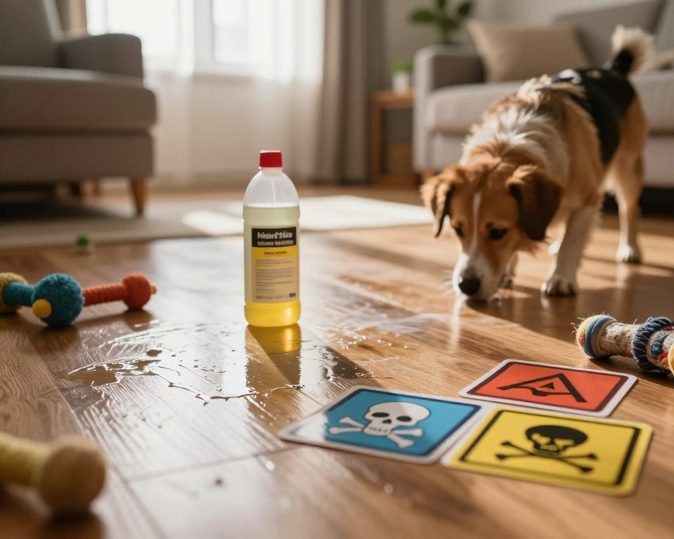 A close-up shot of a pet-friendly home floor, featuring a visibly worn, shiny area where floor cleaner has been applied. In the foreground, there are small, colorful warning signs indicating harmful chemicals with a focus on symbols like skulls and crossbones. Scattered pet toys and a furry dog sniffing cautiously nearby create a sense of unease. The middle ground shows a vivid reflection of a chemical bottle, its label partially visible, emphasizing its toxic nature. The background consists of a cozy living room environment, softly lit with warm sunlight filtering through sheer curtains, juxtaposing the danger present. The overall mood should evoke concern for pet safety, with a focus on the unseen hazards lingering on the clean floor. A close-up shot of a pet-friendly home floor, featuring a visibly worn, shiny area where floor cleaner has been applied. In the foreground, there are small, colorful warning signs indicating harmful chemicals with a focus on symbols like skulls and crossbones. Scattered pet toys and a furry dog sniffing cautiously nearby create a sense of unease. The middle ground shows a vivid reflection of a chemical bottle, its label partially visible, emphasizing its toxic nature. The background consists of a cozy living room environment, softly lit with warm sunlight filtering through sheer curtains, juxtaposing the danger present. The overall mood should evoke concern for pet safety, with a focus on the unseen hazards lingering on the clean floor.