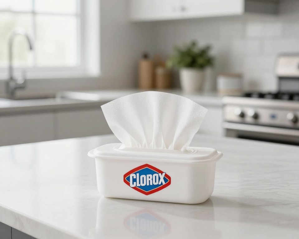 A close-up view of a Clorox disinfecting wipe container on a clean, minimalist kitchen counter, with a few wipes partially pulled out, showcasing their texture. In the foreground, focus on the bright white container with the Clorox logo, emphasizing safety and cleanliness. The middle ground features a reflection of the kitchen environment, highlighting stainless steel appliances and natural light coming in from a window, creating a bright and inviting ambiance. In the background, there are subtle elements of home life, like a potted plant and a neatly organized dish rack, enhancing the domestic safety theme. The image should have soft, diffused lighting to evoke a sense of purity and assurance, shot with a shallow depth of field to keep the focus on the Clorox wipes. A close-up view of a Clorox disinfecting wipe container on a clean, minimalist kitchen counter, with a few wipes partially pulled out, showcasing their texture. In the foreground, focus on the bright white container with the Clorox logo, emphasizing safety and cleanliness. The middle ground features a reflection of the kitchen environment, highlighting stainless steel appliances and natural light coming in from a window, creating a bright and inviting ambiance. In the background, there are subtle elements of home life, like a potted plant and a neatly organized dish rack, enhancing the domestic safety theme. The image should have soft, diffused lighting to evoke a sense of purity and assurance, shot with a shallow depth of field to keep the focus on the Clorox wipes.