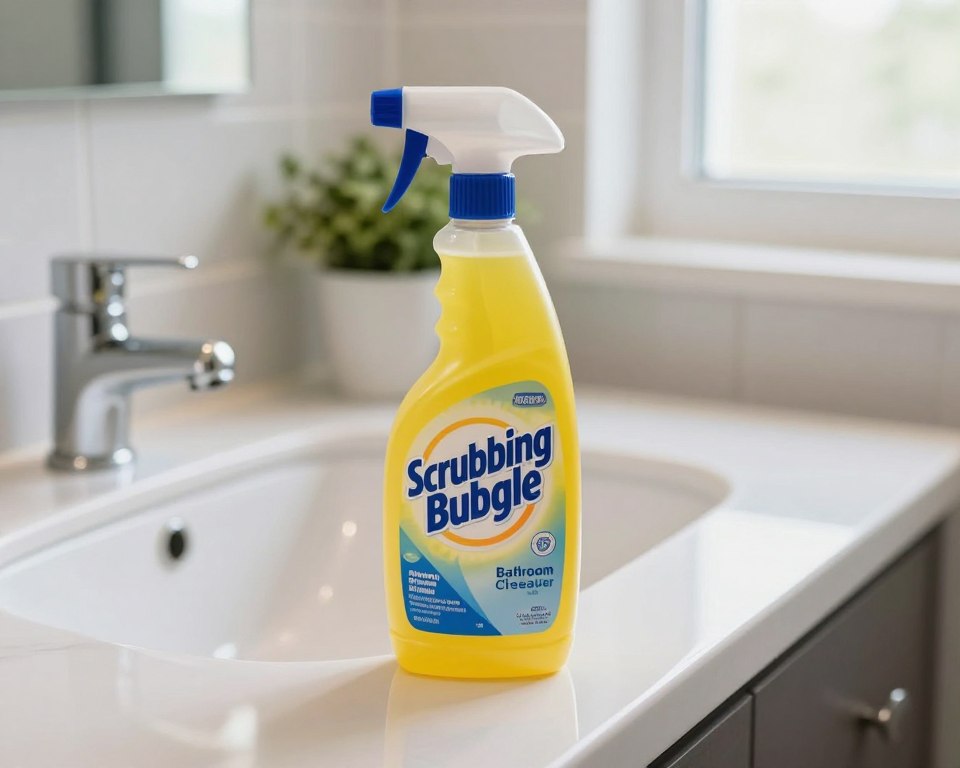 A close-up view of a bathroom scene showcasing a bottle of Scrubbing Bubbles Bathroom Cleaner prominently displayed on a neatly arranged bathroom counter. In the foreground, the cleaner bottle, brightly colored and labeled, suggests its cleaning power. The middle ground features a sparkling clean sink and shiny tiles, while in the background, we see slightly blurred potted plants and soft natural light coming through a window, creating a fresh, hygienic atmosphere. The lighting is bright and even, highlighting the product without harsh shadows. The perspective is from a slightly elevated angle, implying safety and cleanliness while inviting reflection on the product’s safety. The overall mood conveys caution and awareness, emphasizing the importance of understanding the inhalation risks associated with chemical cleaners. A close-up view of a bathroom scene showcasing a bottle of Scrubbing Bubbles Bathroom Cleaner prominently displayed on a neatly arranged bathroom counter. In the foreground, the cleaner bottle, brightly colored and labeled, suggests its cleaning power. The middle ground features a sparkling clean sink and shiny tiles, while in the background, we see slightly blurred potted plants and soft natural light coming through a window, creating a fresh, hygienic atmosphere. The lighting is bright and even, highlighting the product without harsh shadows. The perspective is from a slightly elevated angle, implying safety and cleanliness while inviting reflection on the product’s safety. The overall mood conveys caution and awareness, emphasizing the importance of understanding the inhalation risks associated with chemical cleaners.
