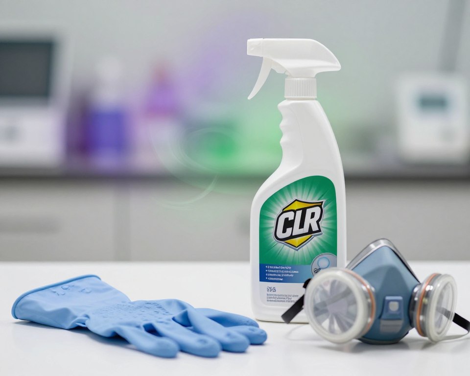 A close-up view of a bottle of CLR cleaner placed on a clean, white surface, with the bottle clearly labeled and showing the ingredients list. In the foreground, visualize a pair of rubber gloves and a breathing mask, symbolizing safety precautions. The middle section of the image should depict a hazy, abstract background that evokes a sense of caution and warning, perhaps with subtle swirls of purple and green to suggest potential toxicity. The lighting should be soft and neutral, creating a clinical atmosphere, as if within a laboratory or safety training environment. The overall mood conveys a serious tone about chemical safety, reinforcing the importance of handling such products carefully. A close-up view of a bottle of CLR cleaner placed on a clean, white surface, with the bottle clearly labeled and showing the ingredients list. In the foreground, visualize a pair of rubber gloves and a breathing mask, symbolizing safety precautions. The middle section of the image should depict a hazy, abstract background that evokes a sense of caution and warning, perhaps with subtle swirls of purple and green to suggest potential toxicity. The lighting should be soft and neutral, creating a clinical atmosphere, as if within a laboratory or safety training environment. The overall mood conveys a serious tone about chemical safety, reinforcing the importance of handling such products carefully.