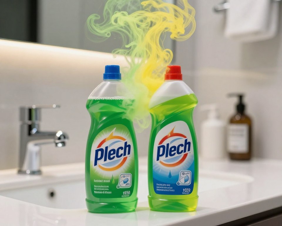A close-up view of a brightly colored bathroom scene featuring a bottle of bleach and a bottle of toilet bowl cleaner side by side on a clean counter. The bottles are labeled clearly, with distinct contrasting colors to denote their contents. In the middle ground, a swirling mist of vibrant green and yellow gas begins to rise where the two liquids meet, indicating a dangerous chemical reaction. The background shows a stylish bathroom setting with sleek, modern fixtures and sharp lighting that highlights the colors and textures. The overall atmosphere is tense and cautionary, emphasizing the potential hazards of mixing these substances. Use a soft focus on the edges to draw attention to the central reaction while maintaining a clear, vivid depiction of the items involved. A close-up view of a brightly colored bathroom scene featuring a bottle of bleach and a bottle of toilet bowl cleaner side by side on a clean counter. The bottles are labeled clearly, with distinct contrasting colors to denote their contents. In the middle ground, a swirling mist of vibrant green and yellow gas begins to rise where the two liquids meet, indicating a dangerous chemical reaction. The background shows a stylish bathroom setting with sleek, modern fixtures and sharp lighting that highlights the colors and textures. The overall atmosphere is tense and cautionary, emphasizing the potential hazards of mixing these substances. Use a soft focus on the edges to draw attention to the central reaction while maintaining a clear, vivid depiction of the items involved.