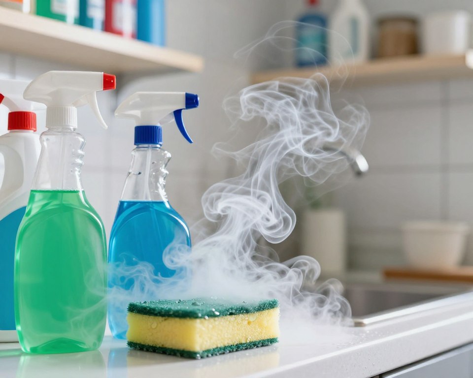 A close-up view of a brightly lit kitchen with a focus on a set of open cleaning agent bottles on the countertop, emitting visible, swirling, colored fumes—green and blue—to symbolize irritation. In the foreground, there’s a spray bottle and a sponge with droplets of cleaning solution being used, evoking a sense of action. The middle ground features wisps of fumes rising and curling, capturing the viewer's attention while hinting at their harmful nature. In the background, soft-focus shelves lined with household cleaning products create a cluttered look. The lighting is bright and slightly harsh, emphasizing the chemical nature of the scene, with a cool color palette to convey a sterile, yet tense atmosphere, suggesting potential hazards associated with these cleaning agents. A close-up view of a brightly lit kitchen with a focus on a set of open cleaning agent bottles on the countertop, emitting visible, swirling, colored fumes—green and blue—to symbolize irritation. In the foreground, there’s a spray bottle and a sponge with droplets of cleaning solution being used, evoking a sense of action. The middle ground features wisps of fumes rising and curling, capturing the viewer's attention while hinting at their harmful nature. In the background, soft-focus shelves lined with household cleaning products create a cluttered look. The lighting is bright and slightly harsh, emphasizing the chemical nature of the scene, with a cool color palette to convey a sterile, yet tense atmosphere, suggesting potential hazards associated with these cleaning agents.