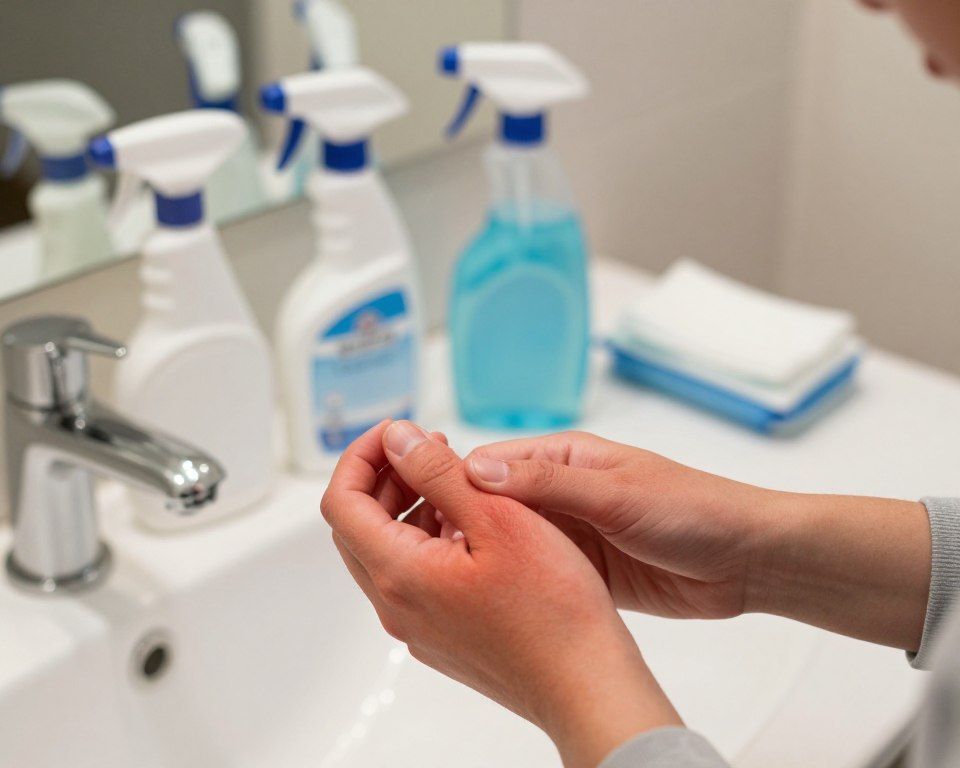 A close-up view of a carefully arranged bathroom countertop showcasing various household cleaning products, such as sprays, wipes, and detergents. In the foreground, a pair of hands in modest casual clothing is gently examining red, irritated skin on the wrist, exhibiting symptoms of contact dermatitis. The background is softly blurred to emphasize the subject, with warm, natural lighting illuminating the scene to create a relatable and informative atmosphere. The composition captures the severity of skin irritation while maintaining a professional tone, focusing on the hands and affected skin area without any distractions. The angle is slightly top-down, providing a clear view of the products alongside the visible symptoms, encapsulating the message of awareness and health in domestic environments. A close-up view of a carefully arranged bathroom countertop showcasing various household cleaning products, such as sprays, wipes, and detergents. In the foreground, a pair of hands in modest casual clothing is gently examining red, irritated skin on the wrist, exhibiting symptoms of contact dermatitis. The background is softly blurred to emphasize the subject, with warm, natural lighting illuminating the scene to create a relatable and informative atmosphere. The composition captures the severity of skin irritation while maintaining a professional tone, focusing on the hands and affected skin area without any distractions. The angle is slightly top-down, providing a clear view of the products alongside the visible symptoms, encapsulating the message of awareness and health in domestic environments.