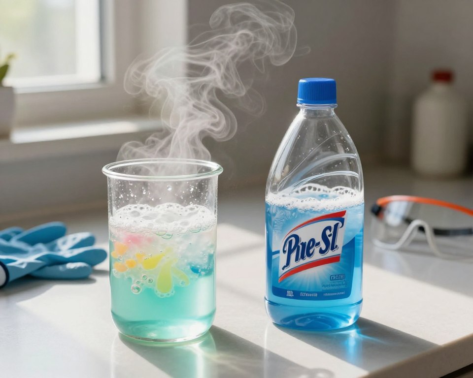 A close-up view of a chemical reaction between bleach and Pine-Sol, set in a well-lit kitchen environment. In the foreground, two clear glass containers: one filled with bleach and the other with Pine-Sol, both actively bubbling and releasing a swirl of colorful vapor. The middle ground features a slight mist rising from the mixture, catching the light, with droplets forming on the container surfaces. The background is softly blurred, showcasing a clean countertop and safety equipment like gloves and goggles to emphasize a safe workspace. Natural light filters in through a nearby window, casting soft shadows and creating an atmosphere of curiosity and caution. Focus on the vibrant colors of the chemicals reacting.