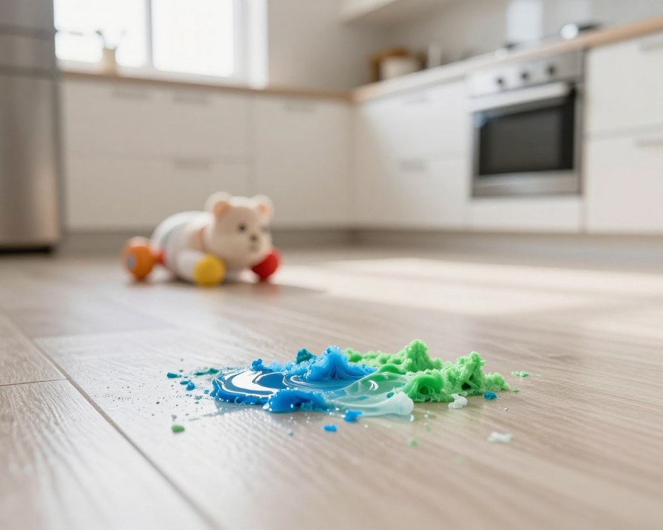 A close-up view of a clean, modern kitchen floor showing visible cleaning product residue in the foreground. The residue appears slightly glossy and can be identified as a mix of bright colors like blue and green, hinting at various chemical cleaners. In the middle ground, a soft-focus infant toy lies on the floor, symbolizing the potential risks to babies. The background features a well-lit kitchen with a warm, inviting atmosphere, emphasizing cleanliness. Soft, natural light streams through a window, creating gentle reflections on the floor. The overall mood conveys caution and awareness regarding health risks associated with chemical residues, inviting viewers to consider the implications of cleaning products around infants. A close-up view of a clean, modern kitchen floor showing visible cleaning product residue in the foreground. The residue appears slightly glossy and can be identified as a mix of bright colors like blue and green, hinting at various chemical cleaners. In the middle ground, a soft-focus infant toy lies on the floor, symbolizing the potential risks to babies. The background features a well-lit kitchen with a warm, inviting atmosphere, emphasizing cleanliness. Soft, natural light streams through a window, creating gentle reflections on the floor. The overall mood conveys caution and awareness regarding health risks associated with chemical residues, inviting viewers to consider the implications of cleaning products around infants.
