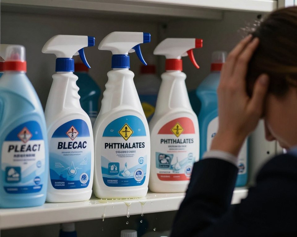 A close-up view of a cluttered cleaning supply cabinet, showcasing various bottles of cleaning products prominently labeled with common harmful ingredients such as bleach, ammonia, and phthalates. In the foreground, a faint outline of a person's silhouette shows them holding their head, appearing distressed and weary, dressed in professional business attire. The middle ground features the various cleaning bottles on a shelf, some with warning labels, while a few droplets of liquid seem to spill over the edge, hinting at the dangers of mishandling these products. The background is dimly lit, creating an atmosphere of tension and concern, with shadows cast by the bottles to evoke a sense of unease. The overall mood should reflect the theme of awareness about the potential health impacts of these chemicals. A close-up view of a cluttered cleaning supply cabinet, showcasing various bottles of cleaning products prominently labeled with common harmful ingredients such as bleach, ammonia, and phthalates. In the foreground, a faint outline of a person's silhouette shows them holding their head, appearing distressed and weary, dressed in professional business attire. The middle ground features the various cleaning bottles on a shelf, some with warning labels, while a few droplets of liquid seem to spill over the edge, hinting at the dangers of mishandling these products. The background is dimly lit, creating an atmosphere of tension and concern, with shadows cast by the bottles to evoke a sense of unease. The overall mood should reflect the theme of awareness about the potential health impacts of these chemicals.