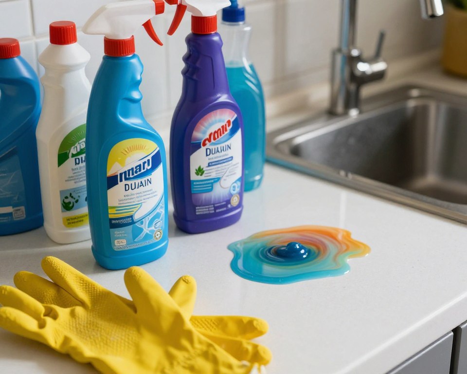 A close-up view of a cluttered kitchen counter filled with various household cleaners, prominently featuring two different brightly colored drain cleaners positioned next to each other, with warning labels partially visible. In the foreground, a pair of rubber gloves lies open, hinting at the potential for accidents. The middle ground showcases an accidentally spilled cleaner mixing with a small puddle, creating ominous swirls of color. In the background, soft, diffused lighting casts shadows, evoking a sense of danger and caution. The atmosphere feels tense and slightly hazardous, emphasizing the risks involved when mixing cleaning products. Capture the scene from a slightly elevated angle to highlight the interaction between the cleaners.