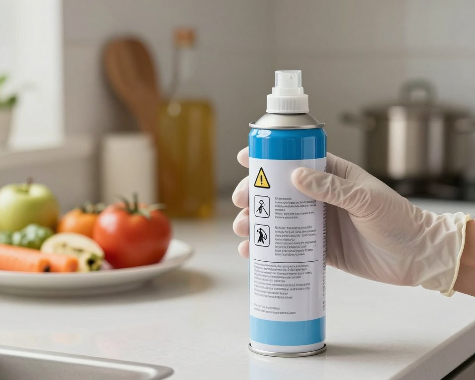 A close-up view of a disinfectant spray label prominently displayed on a kitchen countertop, with a clear focus on various symbol icons like a warning sign, usage instructions, and safety information. In the foreground, a pair of clean, professional hands wearing disposable gloves hold the canister carefully, illustrating proper handling. The middle ground shows an organized kitchen with food items neatly arranged at a safe distance from the disinfectant, emphasizing the importance of safety around food. The background features soft, diffused lighting that creates a calm and informative atmosphere. Use a shallow depth of field to draw attention to the label details while blurring the background slightly for a professional finish.