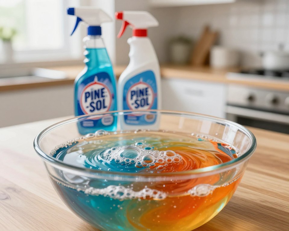 A close-up view of a glass bowl containing a swirling mixture of bleach and Pine-Sol, with vibrant, contrasting colors representing the chemicals. The foreground features the swirling liquid with bubbles forming on the surface, emphasizing the reaction. In the middle ground, visualize a set of household cleaning items, such as a spray bottle of Pine-Sol and a container of bleach, placed on a wooden kitchen counter. The background is softly blurred, revealing a clean and bright kitchen environment with natural light filtering through a window, creating a warm and inviting atmosphere. The angle captures the scene from slightly above, enhancing the focus on the vibrant mixture while keeping the overall composition clean and professional. A close-up view of a glass bowl containing a swirling mixture of bleach and Pine-Sol, with vibrant, contrasting colors representing the chemicals. The foreground features the swirling liquid with bubbles forming on the surface, emphasizing the reaction. In the middle ground, visualize a set of household cleaning items, such as a spray bottle of Pine-Sol and a container of bleach, placed on a wooden kitchen counter. The background is softly blurred, revealing a clean and bright kitchen environment with natural light filtering through a window, creating a warm and inviting atmosphere. The angle captures the scene from slightly above, enhancing the focus on the vibrant mixture while keeping the overall composition clean and professional.
