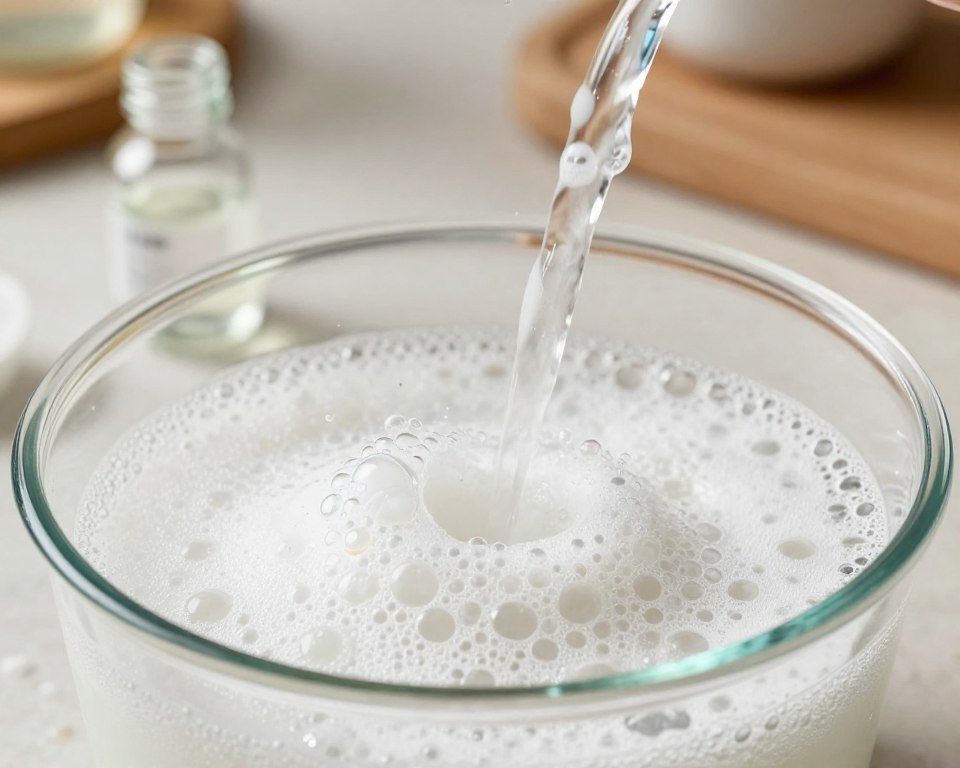 A close-up view of a glass container filled with a bubbling mixture of baking soda and vinegar, showcasing an explosive reaction with white foam overflowing. In the foreground, depict colorful bubbles rising, emphasizing the effervescence and chemical reaction. The middle ground features scattered baking soda and a small bottle of vinegar, artistically arranged to suggest their combination. In the background, a softly blurred kitchen setting with warm, natural lighting enhances the atmosphere, evoking a sense of experimentation at home. Use a slight overhead angle to capture the dynamics of the reaction, highlighting the action while maintaining a clean, organized look. The mood should be lively and curious, capturing the excitement of a science experiment without any human presence.