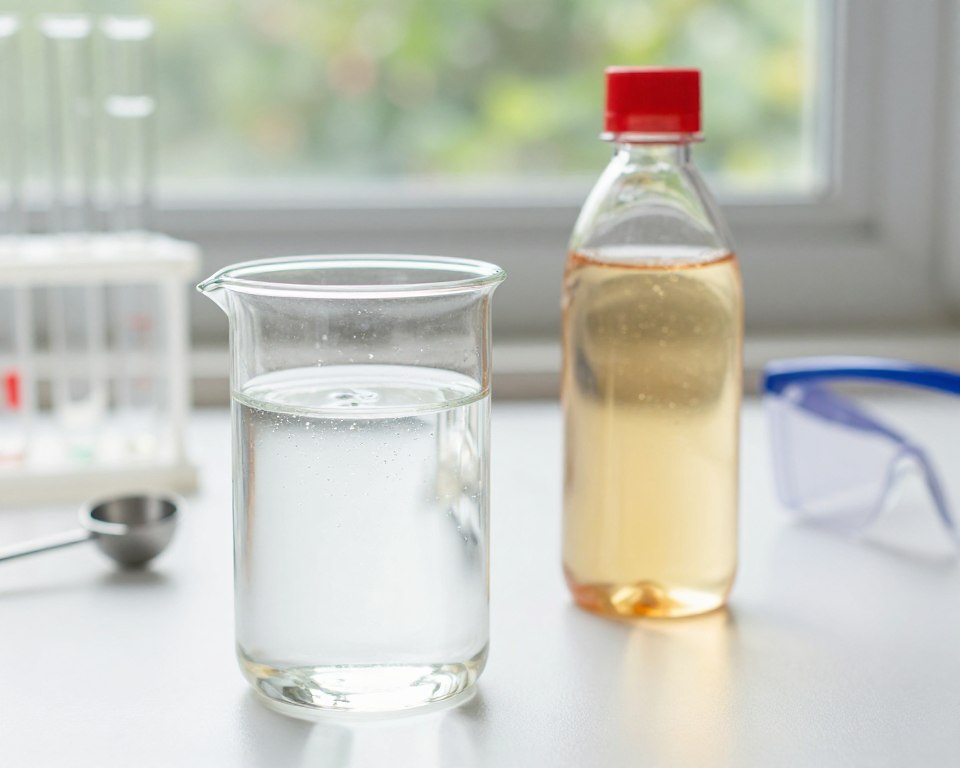 A close-up view of a glass container filled with clear hydrogen peroxide and a second container with light-brown vinegar, both prominently placed on a clean, white surface. In the foreground, the liquids sparkle under bright, natural lighting, emphasizing their clarity and effervescence. The middle ground features scientific tools like beakers, measuring spoons, and safety goggles, alluding to a laboratory setting. In the background, soft-focus greenery can be seen through a window, suggesting a fresh, homey atmosphere. The composition should evoke a sense of curiosity and experimentation, with a clean and orderly look, highlighting the chemistry behind these common household cleaning agents. A close-up view of a glass container filled with clear hydrogen peroxide and a second container with light-brown vinegar, both prominently placed on a clean, white surface. In the foreground, the liquids sparkle under bright, natural lighting, emphasizing their clarity and effervescence. The middle ground features scientific tools like beakers, measuring spoons, and safety goggles, alluding to a laboratory setting. In the background, soft-focus greenery can be seen through a window, suggesting a fresh, homey atmosphere. The composition should evoke a sense of curiosity and experimentation, with a clean and orderly look, highlighting the chemistry behind these common household cleaning agents.