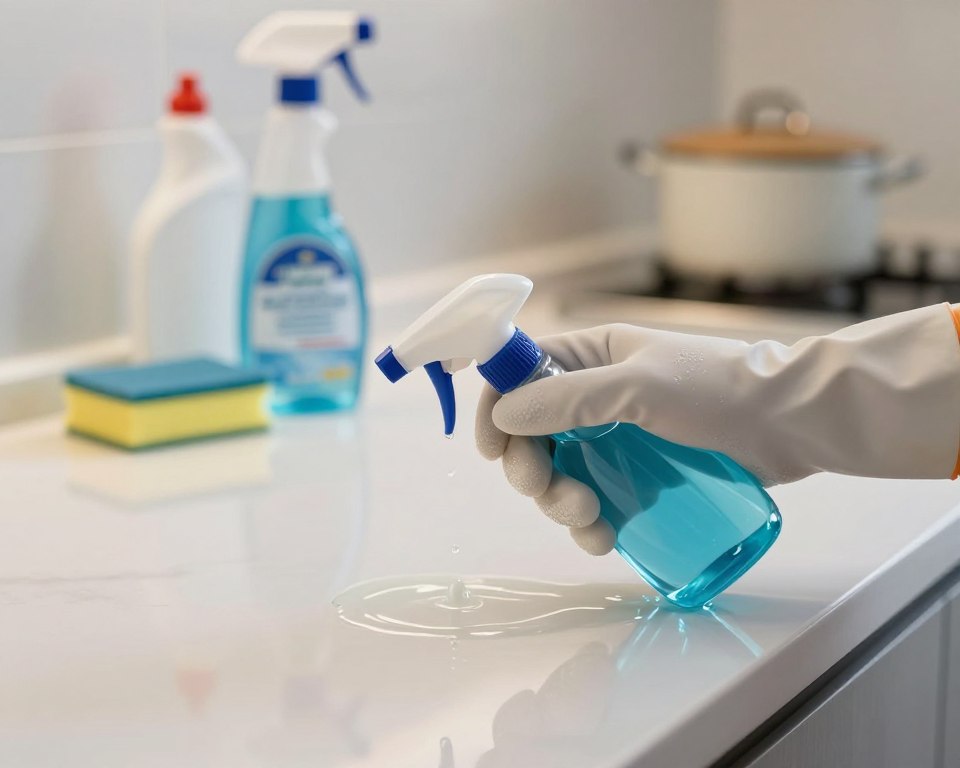 A close-up view of a gloved hand applying a cleaning chemical onto a kitchen surface, emphasizing the potential absorption of the substance through the skin. The foreground features the gloved hand, focusing on the texture of the glove and the liquid being applied. The middle layer includes a pristine kitchen environment, with sparkling countertops and cleaning supplies neatly arranged. In the background, there’s soft, diffused lighting enhancing the cleanliness of the scene, suggesting a clean and safe home environment. The overall mood is informative and slightly cautionary, highlighting the importance of safety when handling cleaning agents. The angle should be slightly elevated to capture both the hand and the surface, maintaining a professional and educational atmosphere.