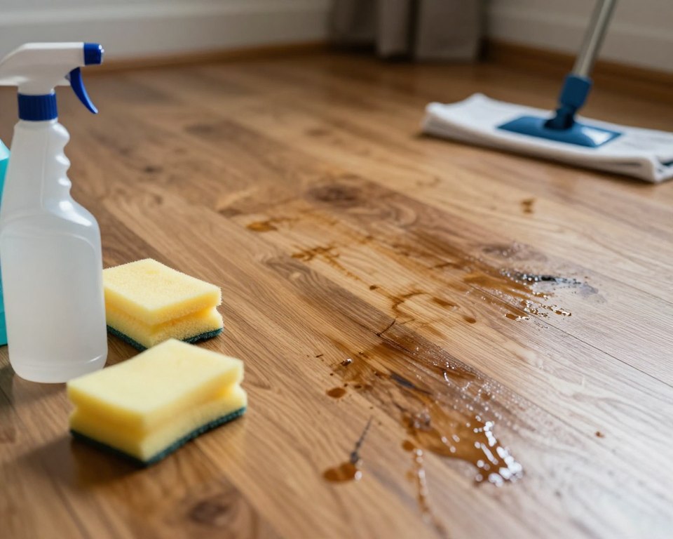 A close-up view of a hardwood floor stained with residues from various cleaning products, featuring distinct, visible streaks and discolorations that suggest chemical remnants. In the foreground, a few cleaning supplies, like a spray bottle, sponge, and mop, are arranged neatly, hinting at their recent use. The middle ground showcases the floor's finish, reflecting light subtly to create a contrast between clean and dirty areas. In the background, a dimly lit room enhances the mood of concern and awareness regarding cleaning product safety. Soft, diffused lighting highlights the texture of the floor and the cleaning products, emphasizing the potential hazards these residues pose to children and pets. The atmosphere is serious yet informative, focusing on health implications. A close-up view of a hardwood floor stained with residues from various cleaning products, featuring distinct, visible streaks and discolorations that suggest chemical remnants. In the foreground, a few cleaning supplies, like a spray bottle, sponge, and mop, are arranged neatly, hinting at their recent use. The middle ground showcases the floor's finish, reflecting light subtly to create a contrast between clean and dirty areas. In the background, a dimly lit room enhances the mood of concern and awareness regarding cleaning product safety. Soft, diffused lighting highlights the texture of the floor and the cleaning products, emphasizing the potential hazards these residues pose to children and pets. The atmosphere is serious yet informative, focusing on health implications.