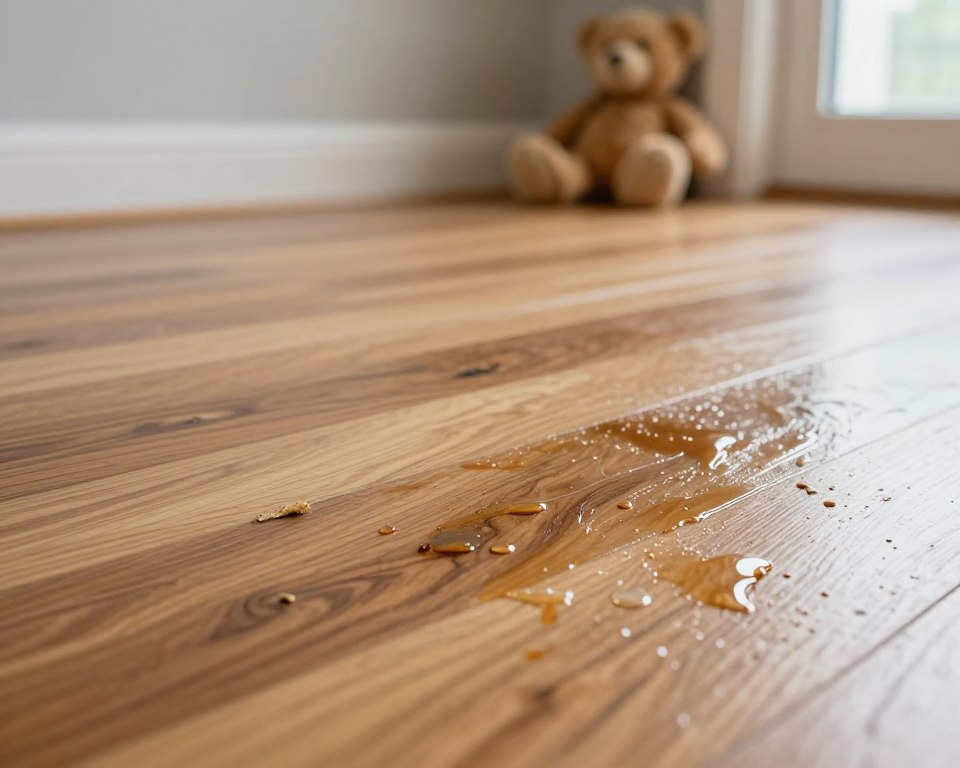 A close-up view of a hardwood floor with visible cleaning product residue, showcasing glossy streaks and droplets that reflect light. The foreground highlights a mixture of different residues, with a few crumbs and a faint chemical sheen hinting at the cleaning agents used. In the middle area, subtle color variations in the wood grain create depth, while near the background, a soft blur of a child’s toy, like a teddy bear, lies nearby, enhancing the domestic atmosphere. The lighting is soft and natural, coming from a window to the side, casting gentle shadows and illuminating the residue, suggesting a well-lit indoor space. The focus is sharp on the floor, evoking a sense of concern and curiosity about safety in a typical household setting. A close-up view of a hardwood floor with visible cleaning product residue, showcasing glossy streaks and droplets that reflect light. The foreground highlights a mixture of different residues, with a few crumbs and a faint chemical sheen hinting at the cleaning agents used. In the middle area, subtle color variations in the wood grain create depth, while near the background, a soft blur of a child’s toy, like a teddy bear, lies nearby, enhancing the domestic atmosphere. The lighting is soft and natural, coming from a window to the side, casting gentle shadows and illuminating the residue, suggesting a well-lit indoor space. The focus is sharp on the floor, evoking a sense of concern and curiosity about safety in a typical household setting.