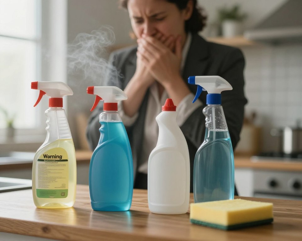 A close-up view of a hazy kitchen environment, highlighting a variety of cleaning products neatly arranged on a wooden countertop. In the foreground, a slightly blurred bottle of all-purpose cleaner with a clearly readable label indicating "Warning: Irritating to Throat". In the middle ground, depict a person in professional business attire, covering their mouth and nose with one hand while holding their throat with the other, their expression reflecting discomfort. The background features a dimly lit room with soft, diffuse natural light filtering through a window, enhancing a somber and serious mood. Incorporate subtle details like a foggy air and faint vapor rising from an unsealed bottle, suggesting airborne irritants, conveying a sense of urgency regarding chemical exposure. A close-up view of a hazy kitchen environment, highlighting a variety of cleaning products neatly arranged on a wooden countertop. In the foreground, a slightly blurred bottle of all-purpose cleaner with a clearly readable label indicating "Warning: Irritating to Throat". In the middle ground, depict a person in professional business attire, covering their mouth and nose with one hand while holding their throat with the other, their expression reflecting discomfort. The background features a dimly lit room with soft, diffuse natural light filtering through a window, enhancing a somber and serious mood. Incorporate subtle details like a foggy air and faint vapor rising from an unsealed bottle, suggesting airborne irritants, conveying a sense of urgency regarding chemical exposure.