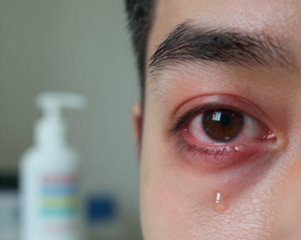 A close-up view of a human eye exhibiting the effects of chemical burns, showcasing redness and irritation around the eyelids. The foreground features a detailed texture of the eye, with visible blood vessels and a glossy surface from tears. In the middle ground, a faint reflection of cleaning products in a blurred bottle is visible, hinting at the source of exposure. The background should be softly out of focus, with a muted color palette to convey a somber mood. The lighting is soft and diffused, emphasizing the eye while maintaining a clinical atmosphere. Use a shallow depth of field to draw attention to the eye's symptoms without distractions, and ensure the human subject is dressed in professional attire to maintain a safe and respectful depiction. A close-up view of a human eye exhibiting the effects of chemical burns, showcasing redness and irritation around the eyelids. The foreground features a detailed texture of the eye, with visible blood vessels and a glossy surface from tears. In the middle ground, a faint reflection of cleaning products in a blurred bottle is visible, hinting at the source of exposure. The background should be softly out of focus, with a muted color palette to convey a somber mood. The lighting is soft and diffused, emphasizing the eye while maintaining a clinical atmosphere. Use a shallow depth of field to draw attention to the eye's symptoms without distractions, and ensure the human subject is dressed in professional attire to maintain a safe and respectful depiction.