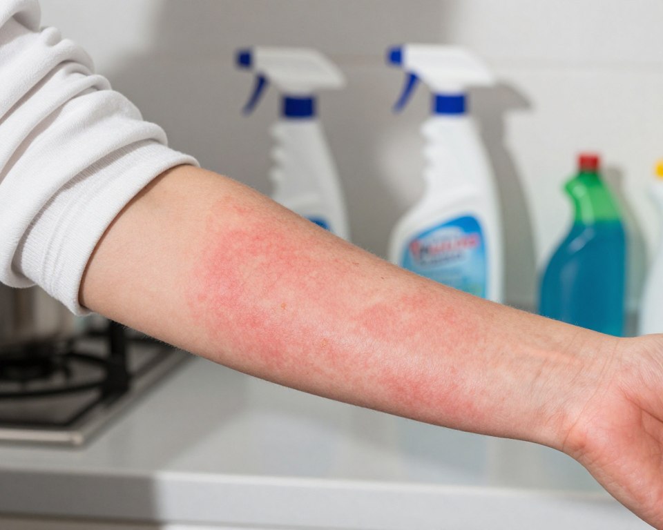 A close-up view of a human forearm displaying a noticeable skin rash caused by exposure to cleaning products. The skin is red and irritated, with patches of dryness and peeling. The background is a well-lit kitchen scene featuring common household cleaning products, such as sprays and wipes, arranged neatly on the countertop. The lighting is bright and natural, illuminating the rash while casting soft shadows that add depth to the scene. The atmosphere is informative and clinical, evoking a sense of awareness about household chemical safety. The arm is clad in a light, modest long-sleeve shirt to ensure professionalism and modesty in presentation. The image should focus solely on the rash and the cleaning products without any people or distracting elements in the frame. A close-up view of a human forearm displaying a noticeable skin rash caused by exposure to cleaning products. The skin is red and irritated, with patches of dryness and peeling. The background is a well-lit kitchen scene featuring common household cleaning products, such as sprays and wipes, arranged neatly on the countertop. The lighting is bright and natural, illuminating the rash while casting soft shadows that add depth to the scene. The atmosphere is informative and clinical, evoking a sense of awareness about household chemical safety. The arm is clad in a light, modest long-sleeve shirt to ensure professionalism and modesty in presentation. The image should focus solely on the rash and the cleaning products without any people or distracting elements in the frame.